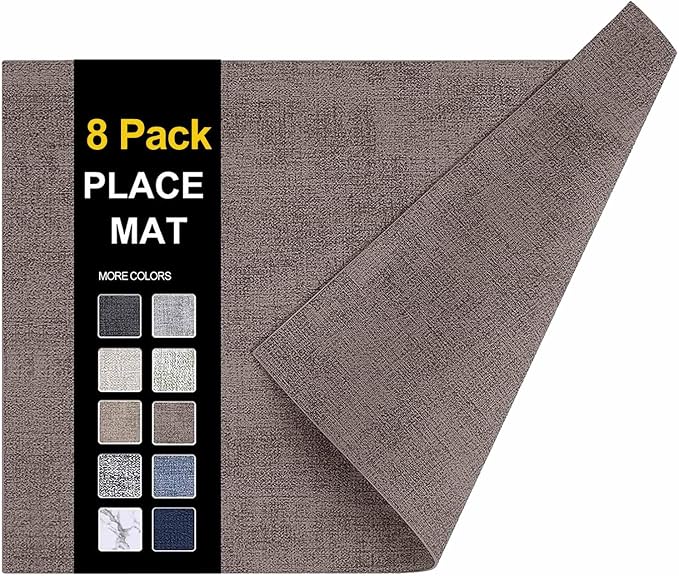 homing Faux Leather Heat Resistant Placemats 8 Packs, Waterproof Wipeable Dining PU Place Mats for Indoor & Outdoor, Easy to Clean, Brown