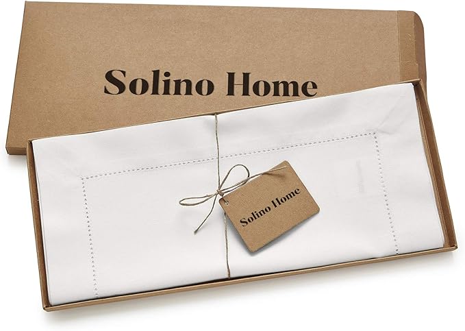 Solino Home White Table Runner 60 Inches - Cotton Linen Hemstitch Coffee Table Runner 14 x 60 Inch Ideal for Dresser Tables - Spring, Summer, 4th of July