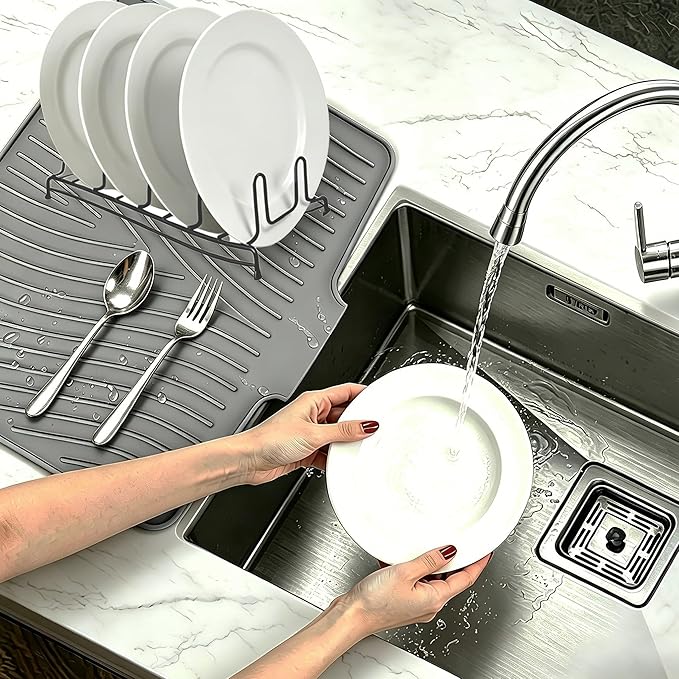 Silicone Dish Drying Mat,Dish Drying Pad,Kitchen Accessories,with Built-In and Non-Slip Drain,Easy Clean, Fit for Kitchen, Bar, RV, Refrigerator and Drawer Liner, 15.7 * 13 in Grey 1PCS by EBIGIC