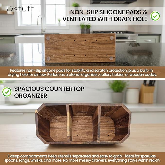 Large Kitchen Utensil Holder for Countertop – Acacia Wood Utensil Organizer with 3 Compartments, Beveled Edges Design, Non-Slip Silicone Pads & Drain Hole – Rustic Farmhouse Utensil Caddy Crock