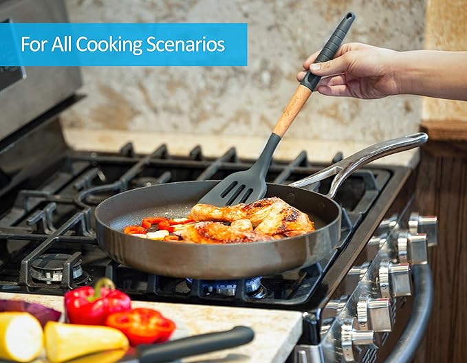 Silicone Cooking Utensils Set 6 Piece – Heat Resistant up to 480°F, BPA Free & Non-Scratch Kitchen Tools with Natural Wood Handles, Dark Gray