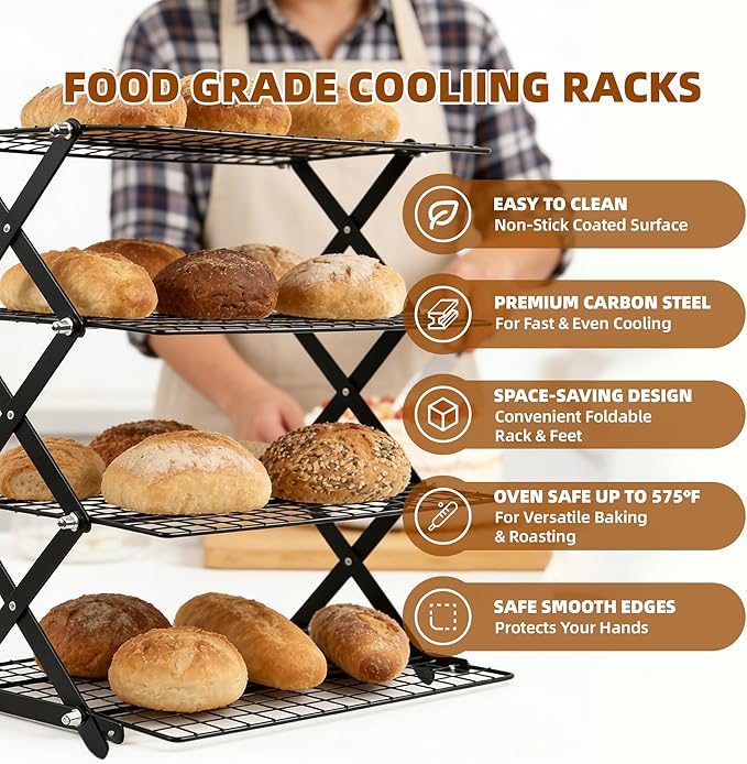 3 Tier Collapsible Cooling Rack with Adjustable 6 Setting Design stackable wire rack for baking sheet for Cookies Baking Gifts for Women (Black, 3-Tier)
