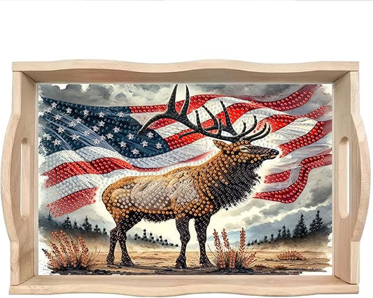ARTopet DIY Diamond Serving Tray Diamond Art Painting Independence Day Creative Design Handmade Wooden Tray Dinner Plate for Coffee Breakfast Home Organizer-USA Moose