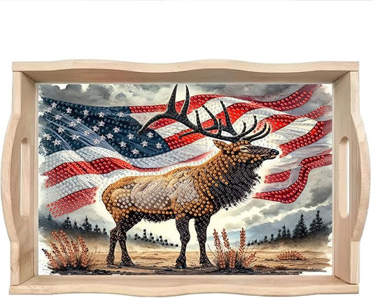 BAYUNOE DIY Diamond Serving Tray Rectangular Breakfast Tray with Handle Handmade Diamond Art Painting Wooden Tray Spring Creative Dinner Plate Coffee Room Living Home Organizer-USA Moose