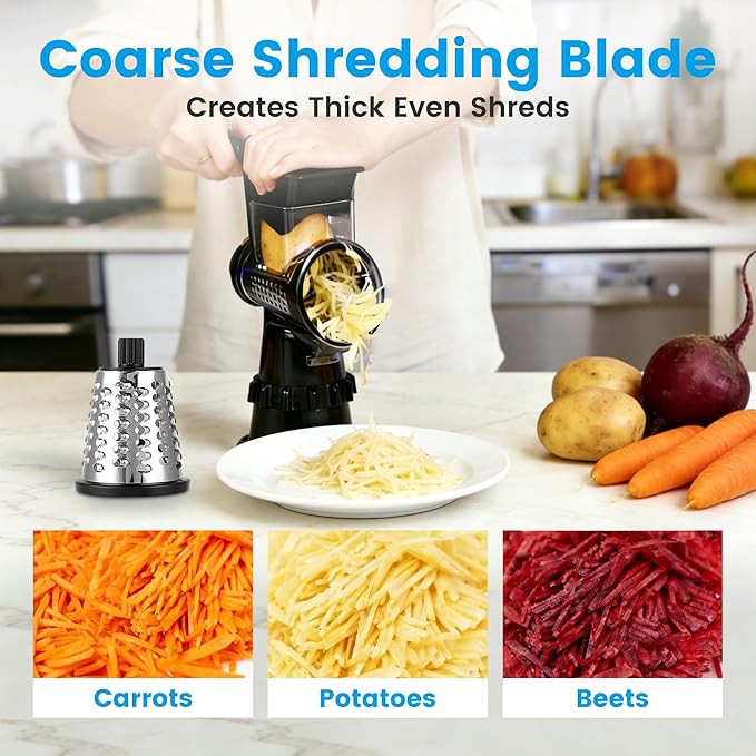 Rotary Cheese Grater Hand Crank, Vegetable Slicer with 5 Blades, Stable Suction, Labor-Saving Handle, Cheese Shredder for Potato Vegetables Nuts Chocolate, Black