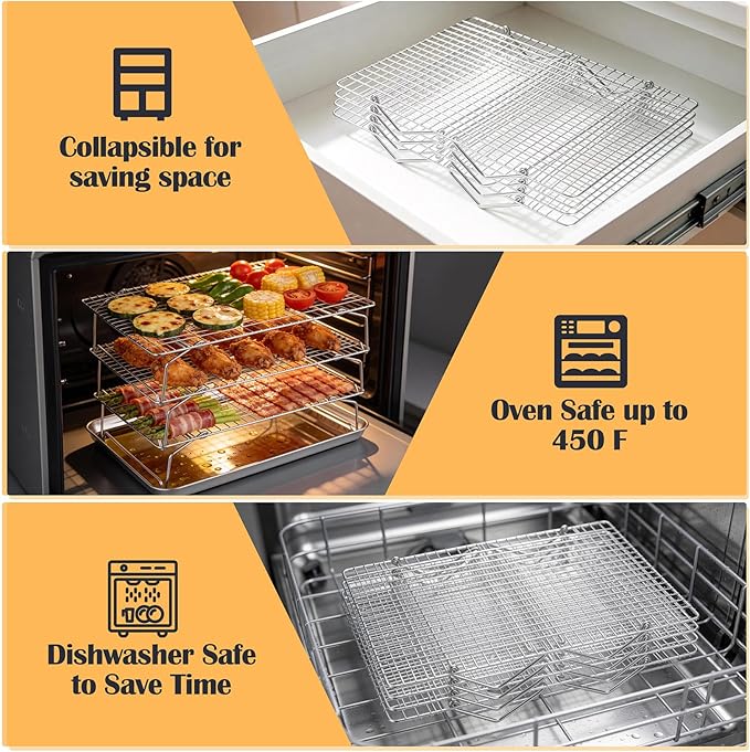 P&P CHEF Cooling & Baking Rack, 4-Tier Stainless Steel Stackable Grid Cooking Racks for Cooling Roasting Grilling, Collapsible & Heavy Duty, Oven & Dishwasher Safe, 15" x 10"