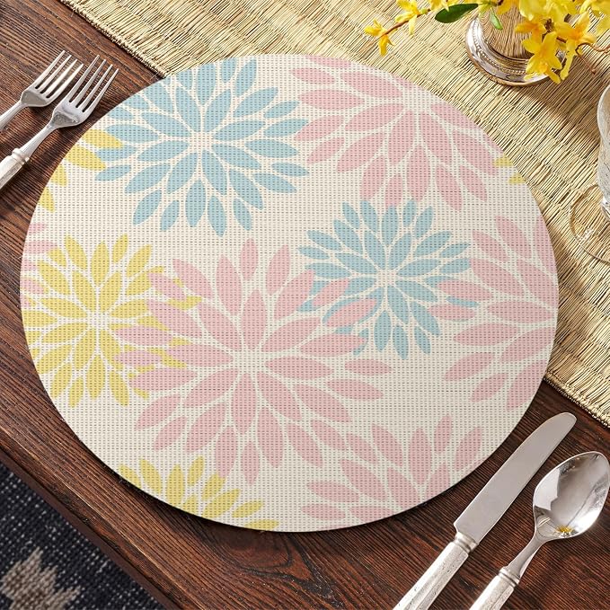 Artoid Mode Pink Dahlia Plastic Round Placemats Set of 4, 14 Inch Seasonal Washable Woven Vinyl Table Mats for Farmhouse Party Kitchen Dining Decor