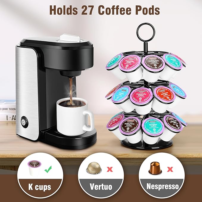 ROWISE Coffee Pod Holder, Coffee Pod Carousel Holder Organizer（27 Pods, Kitchen Detachable Organizer for Countertop, Spins 360-Degrees Carousel