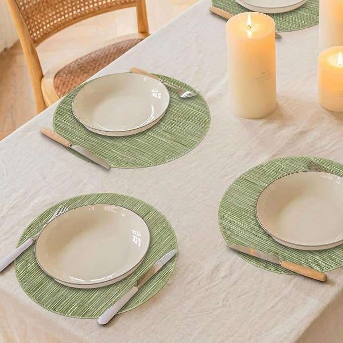 Niviy Green Round Placemats Set of 6, 12x18 Inch Washable Easy to Clean Heat-Resistant Anti-Skid Sage Green Placemats for Holiday Party Kitchen Dining Room Decoration