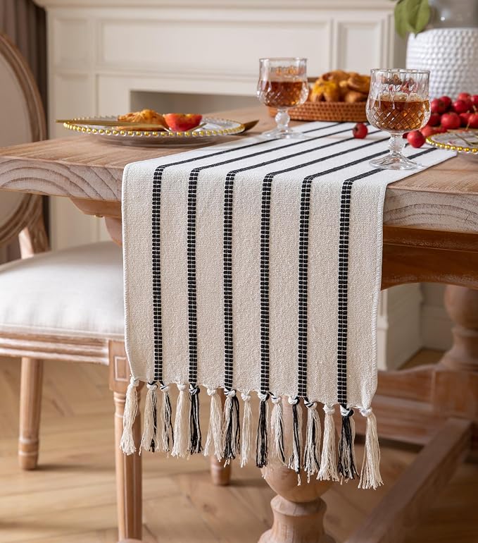 Caflife Boho Table Runner 108 Inchs Long Black and Beige, Cotton and Linen Woven with Tassels, for Modern Rustic Farmhouse Neutral Table Runners, Bohemian Kitchen Dining Table Home Decor