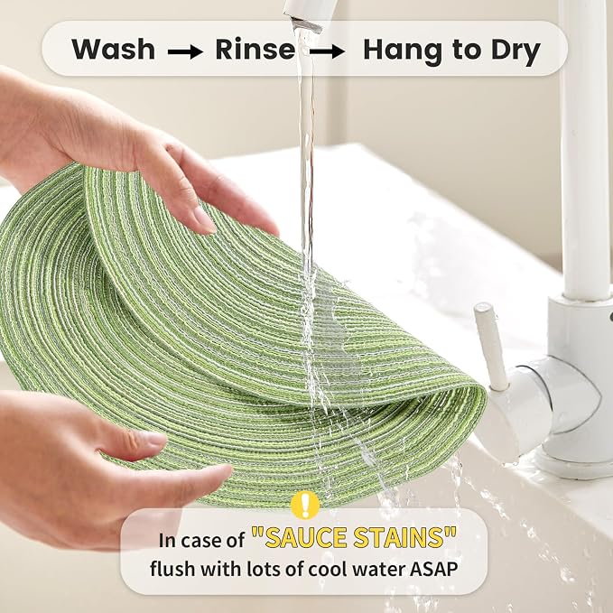 15'' Round Woven Placemats Set of 6, Natural Heat Resistant Washable Non-Slip Woven Table Mats-Green