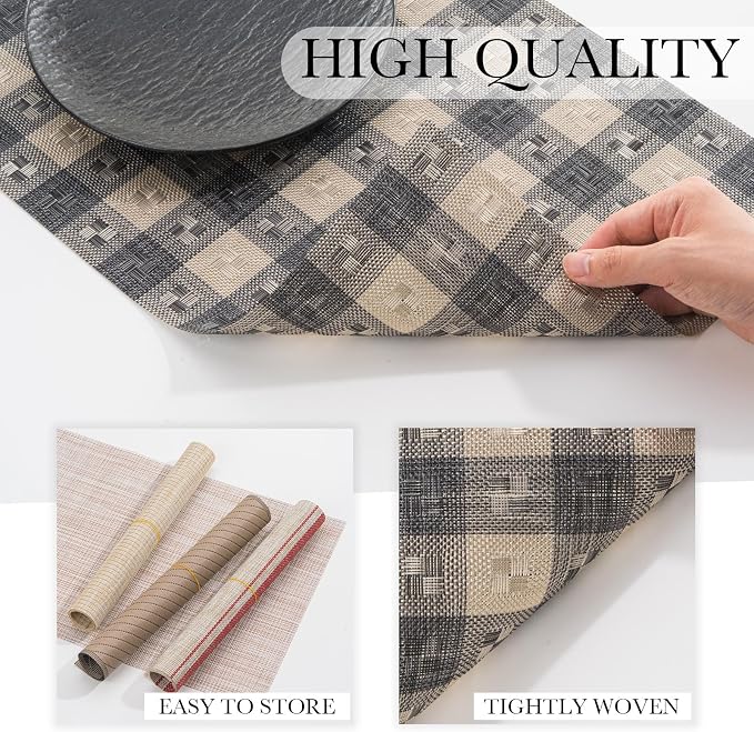 BACKTOEDEN Placemats Set of 6 Heat Resistant Washable Wipeable Placemat Woven Non-Slip Foldable Vinyl/Plastic Place Mats Indoor/Outdoor Mat Kitchen Dining Table Pad, Black Checkered