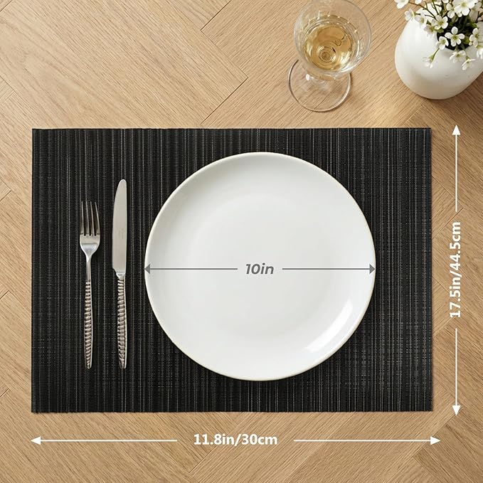 AHHFSMEI Placemats Set of 6 Woven Vinyl Non-Slip Heat Resistant Stain Resistant Easy Clean Place mats for Dining Table(Black)
