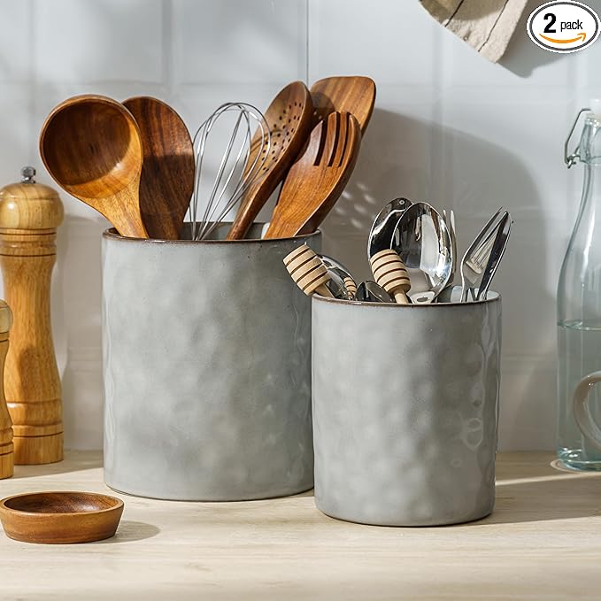 famiware Ocean Utensil Holder, 7.2"+5.8" Ceramic Kitchen Utensil Holder for Countertop, 2 Pieces Cooking Utensil Crocks, Utensil Organizer for Spatula & Spoon, Kitchen Decor, Set of 2, Gray