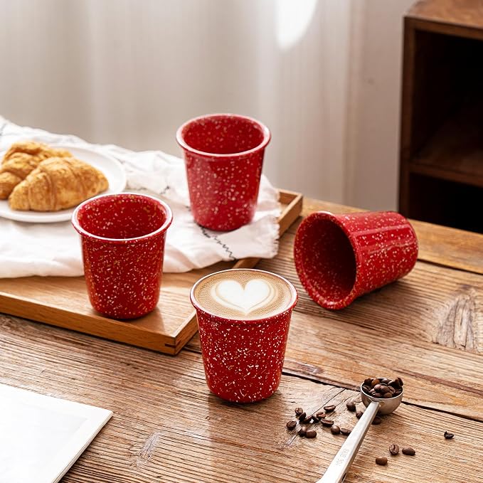 Coffee Cups Ceramic Farmhouse Speckled Handleless 10oz Set of 4, for Latte, Cappuccino, Mocha, Cocoa, Stackable, Drip-Free, Lead-Free, Microwave & Dishwasher Safe, Red