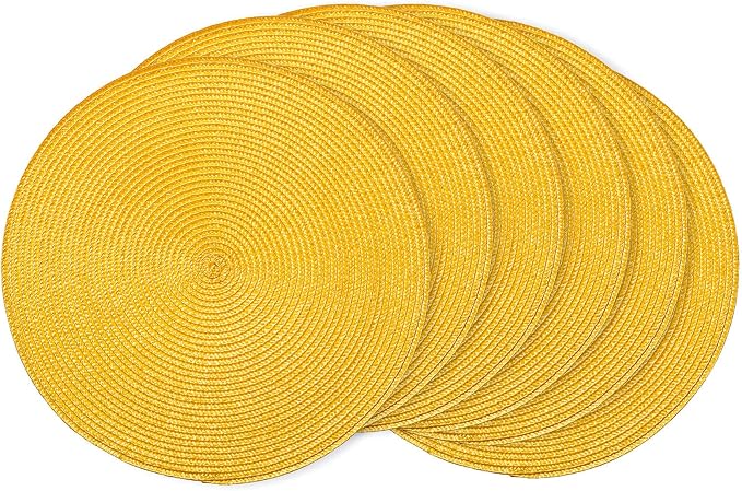 AHHFSMEI Round Placemats Set of 6 Heat Resistant Washable Non-Slip Woven Braided Table Mats for Dining Table Kitchen & Home Decor (Yellow)