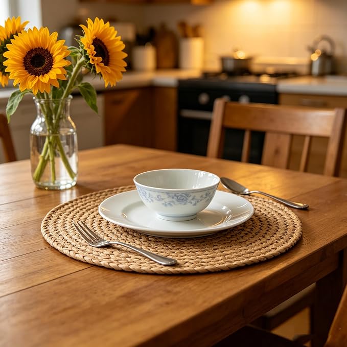UNZTMH®13.5 Inch Round Braided Placemats Set of 6 | Natural Water Hyacinth, Rattan & Jute Woven Mats | Heat Resistant Non-Slip for Kitchen, Dining, Party & Holiday Decor