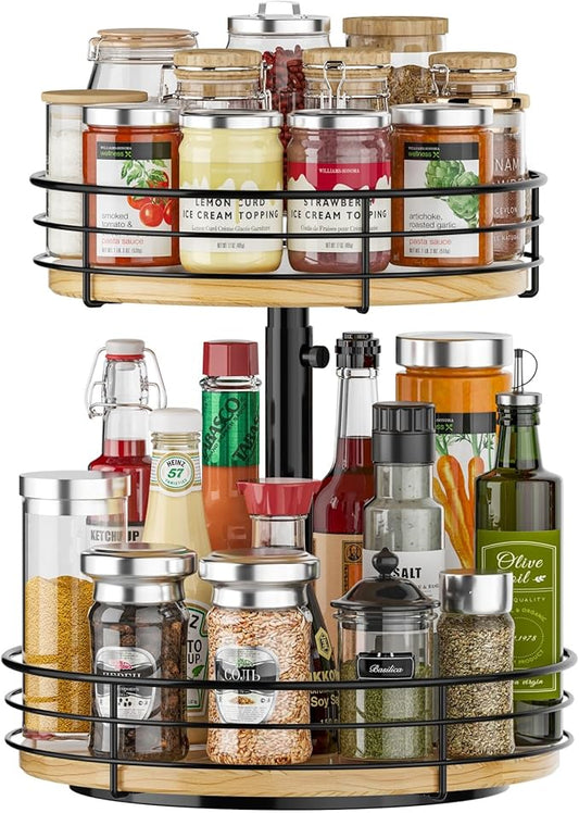 2 Tier Lazy Susan Spice Rack Organizer, Rotating Turntable, Black | Height Adjustable, Wood, 12 Inch, For Cabinet Dining Table Kitchen Bathroom Countertop
