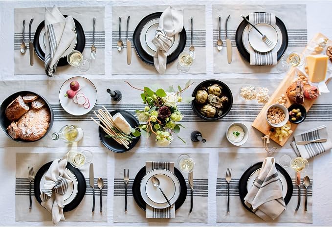 Solino Home Stripe Linen Table Runner 132 Inches Long - 100% Pure Linen Black and Natural Farmhouse Table Runner 14 x 132 Inch for Dining, Summer