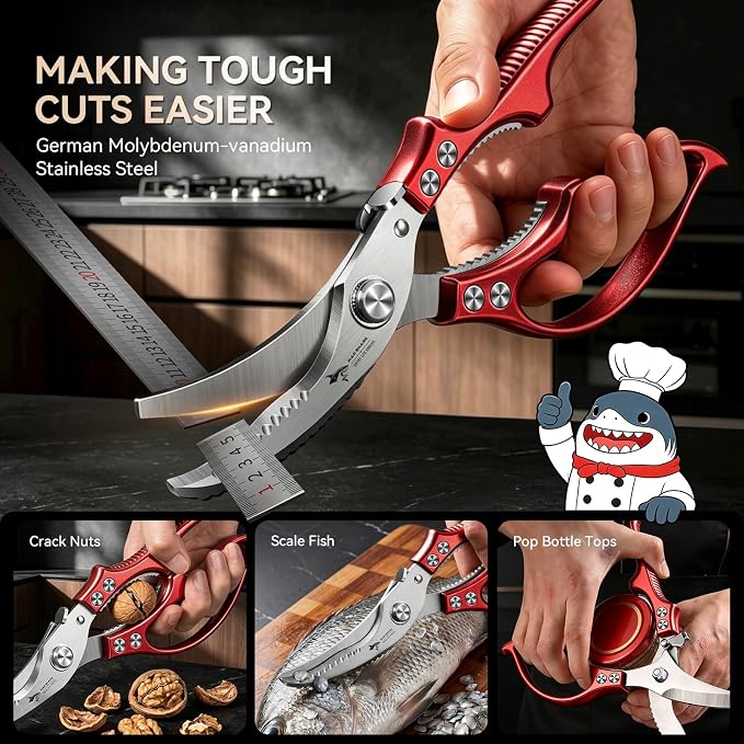 MAD SHARK Professional Heavy Duty Poultry Shears - Kitchen Shears for Spatchcocking Chicken and Meat Cutting, Multi-Purpose Kitchen Scissors for Food, Spring-loaded (Red)