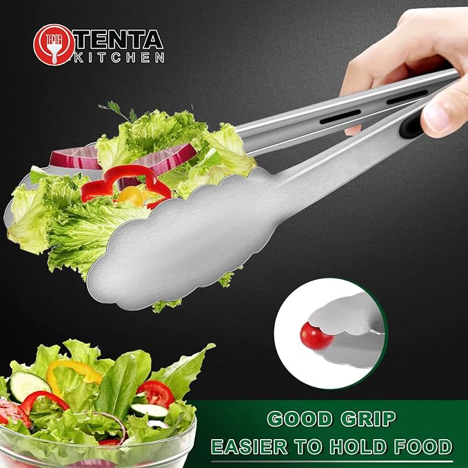 TENTA TENTA KITCHEN 12" Stainless Steel Kitchen Tongs, Locking Metal Food Tongs Non-Slip Grip (Set of 3)