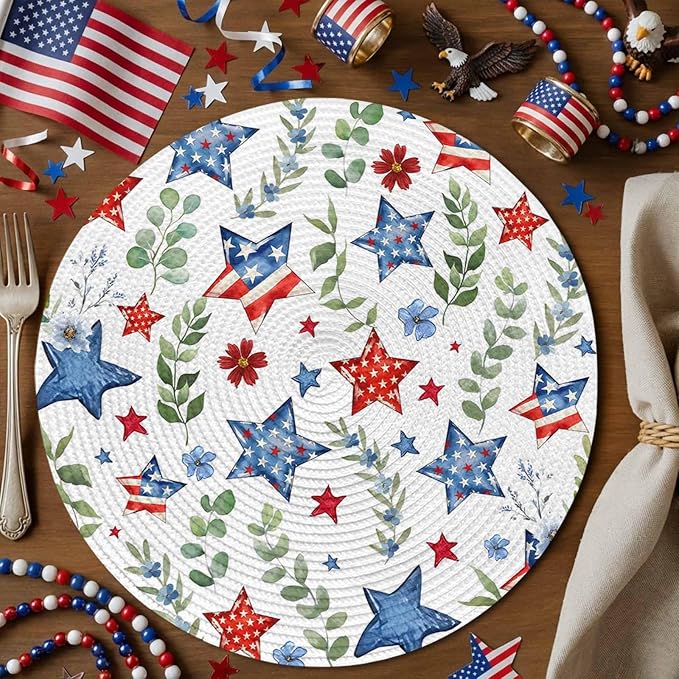 4th of July Round Placemats Set of 2 Patriotic Star Floral Place Mats Independence Day Woven Placemat Green Eucalyptus Leaves Circle Braided Table Mat for Kitchen Dining Table Party Decor 15 Inch