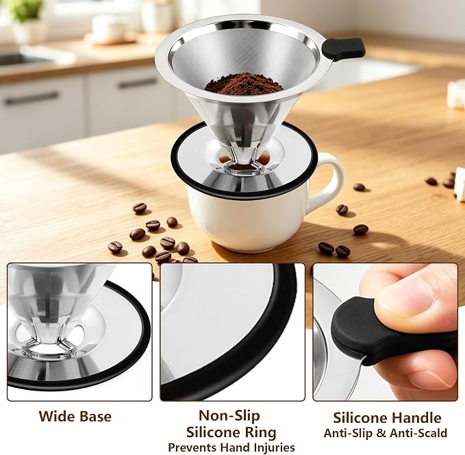 Stainless Steel Pour Over Coffee Dripper, Reusable Coffee Filter with 800 Mesh Double Micro-Mesh Strainer, Paperless Coffee Maker with Heat-Resistant Silicone Handle & Base for 1-2 Cup, Home Camping