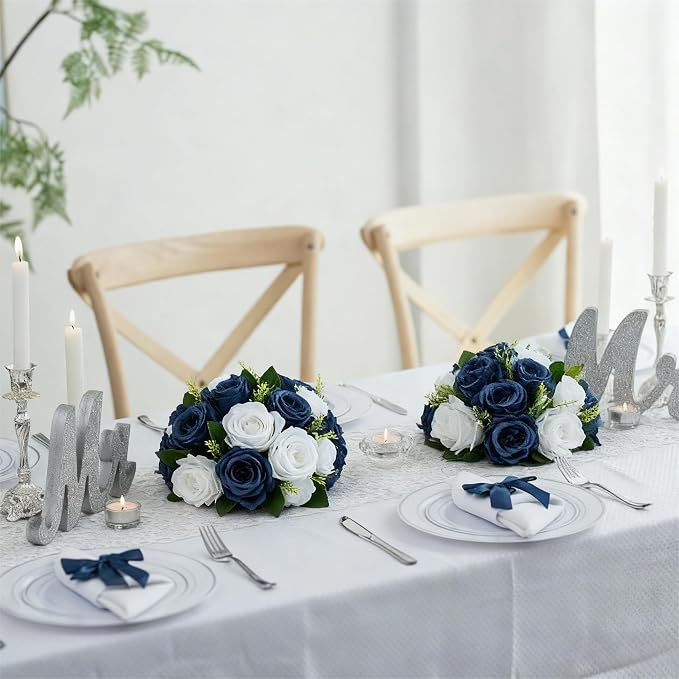Flower Centerpieces for Wedding Tables: Wedding Table Decorations Navy Blue & White Flower Balls Centerpieces for Engagement Cerebration Party Center Pieces 10 Packs