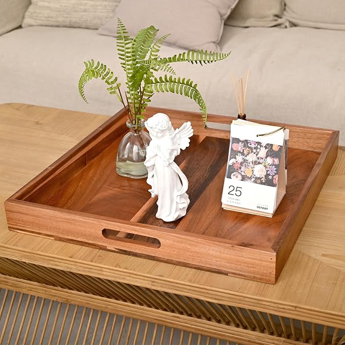 20 Inch Extra Large Square Serving Tray HeavyDuty Acacia Wood Tray for Oversized Ottoman Coffee Table and Counter Giant Decorative Organizational Tray Extensive Kitchen Serveware