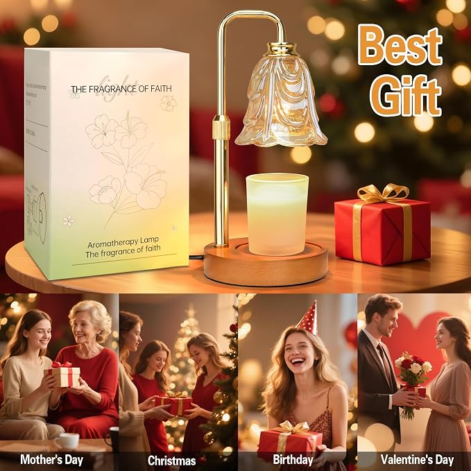 Candle Warmer Lamp with Timer Dimmer, Adjustable Height Amber Tulip Candle Wax Warmer, Christmas Birthday Gift for Mom Women,House Warming Gifts for New Home Bedroom Decor,Flower Amber