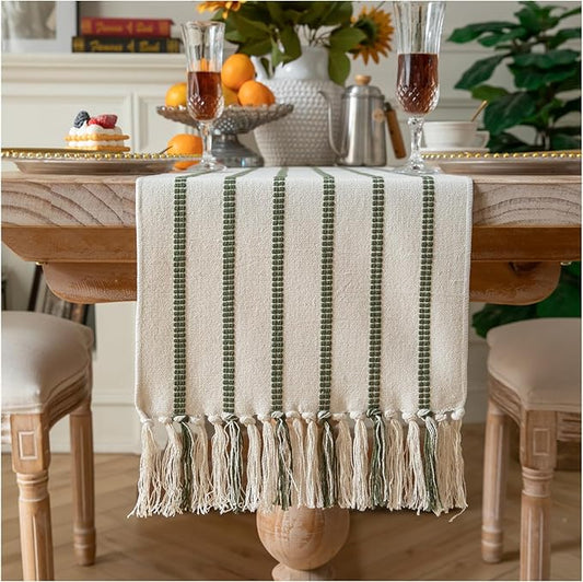 Caflife Boho Table Runner 60 Inchs Long Green and Beige, Cotton and Linen Woven with Tassels, for Modern Rustic Farmhouse Neutral Table Runners, Bohemian Kitchen Dining Table Home Decor