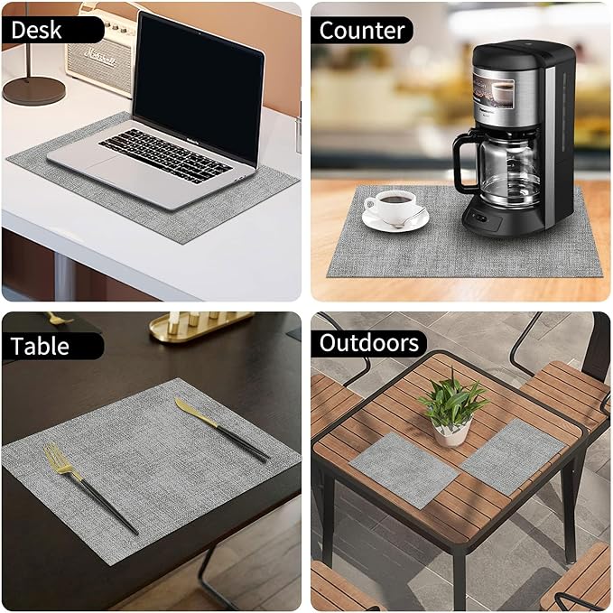 homing Faux Leather Heat Resistant Placemats 6 Packs, Waterproof Wipeable Dining PU Place Mats for Indoor & Outdoor, Easy to Clean, Light Grey