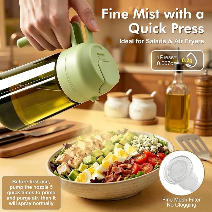 Poshetion 2 in 1 Olive Oil Sprayer for Cooking, 16oz Light-Proof Oil Dispenser for Kitchen, Leak-Proof Oil Spray Bottle for Air Fryer, Salad, BBQ, Baking, Grilling - Black & Green