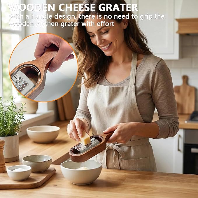 Handheld Cheese Grater with Wooden Container, Stainless Steel Grater Shredder & Zester - for Parmesan, Lemon, Chocolate, Perfect Kitchen Gift & Italian Cooking Gadget