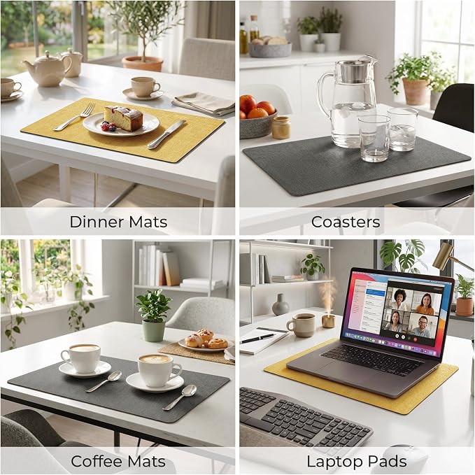 Romanstile Vinyl Placemats Set of 8, Reversible Faux Leather Heat Resistant Wipeable Table Mats, Waterproof Washable Non-Slip Table Placemats for Dining/Kitchen/Party/Outdoor (Grey Yellow, 12" x 17")
