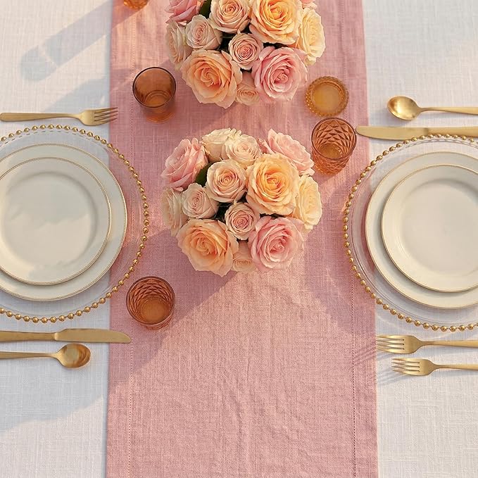 Solino Home Linen Table Runner 90 Inches Long - 100% Pure Linen Misty Pink Table Runner 14 x 90 Inch for Spring, Summer - Diana Medium Weight
