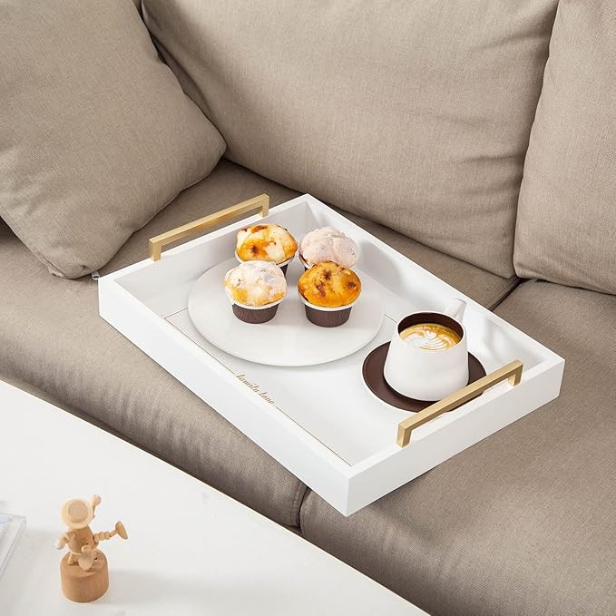 Decorative Coffee Table Ottoman Trays Modern Wood Elegant 16"x12" Rectangle Glossy Shagreen Serving Trays with Champagne Gold Handles -Drinks, Liquor Serving Platter for All Occasion's(White)