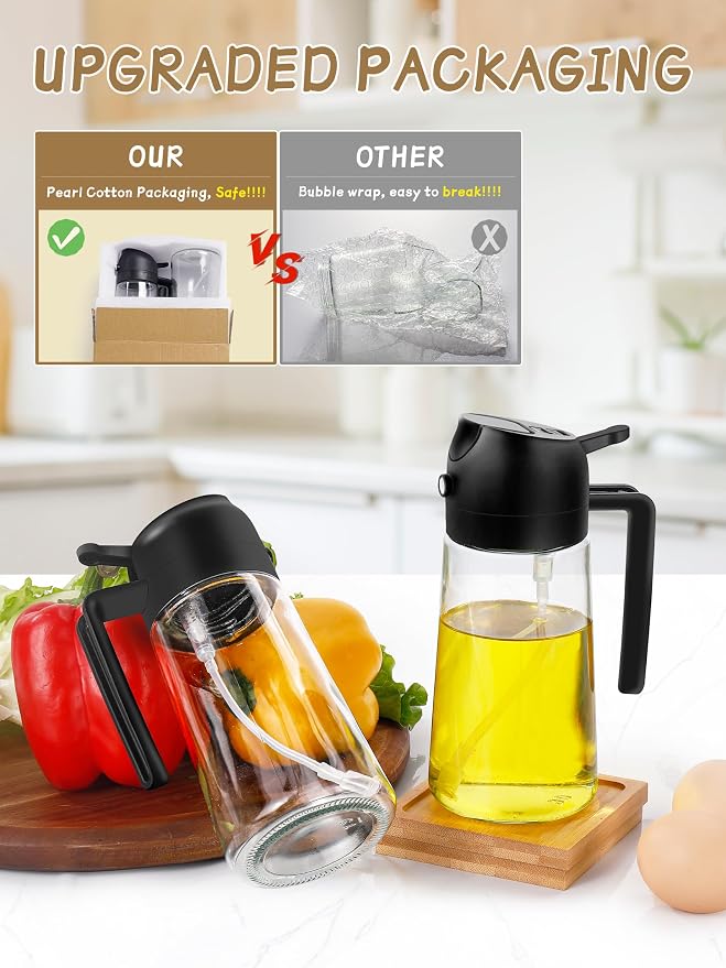 Kitchen Gadgets Oil Sprayer for Cooking 2pcs,Oil Dispenser for Kitchen,2 in 1 Oil Dispenser and Oil Sprayer,16oz Olive Oil Dispenser Bottle for Air Fryer,Salad, Grill (Black KitchenAccessories)