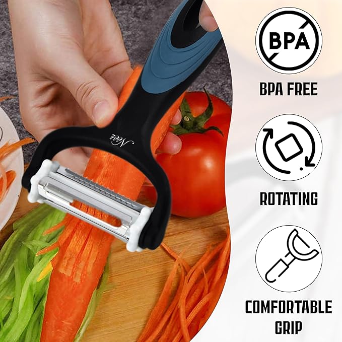 3-in-1 Vegetable Peeler & Julienne Peeler with 360° Rotating Stainless Steel Blades– Multifunction Julienne Cutter, Shredder & Slicer with Soft Handle-Fruits, Potato, Papaya Cucumber & Carrot Peeler