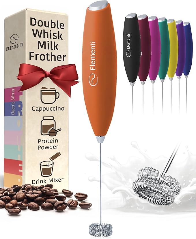 Elementi Milk Frother Wand - Easy to Use Handheld Electric Stirrer for Powder Drinks, Durable & Powerful Coffee Whisk & Protein Powder Mixer Wand, Hand Frother, Coffee Stirrers Electric (Orange)