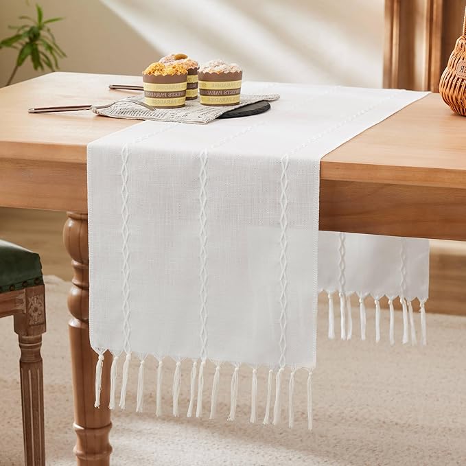 Braided Farmhouse Table Runner, Braided White 13x90 Inch, Cotton Linen Table Runners 90 Inches Long, Embroidered Striped White Boho Table Runner Rustic Home Decor