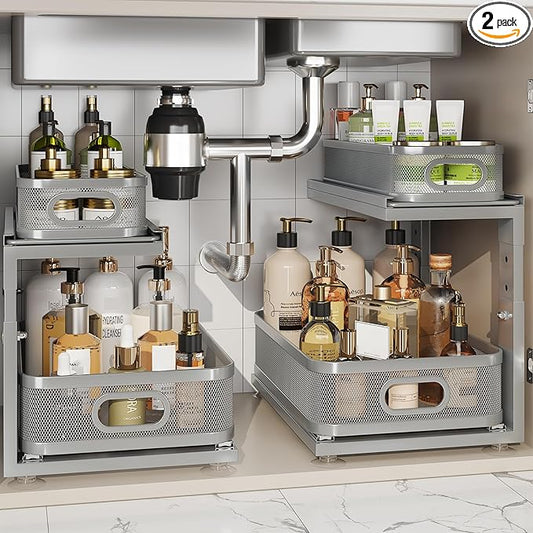 2 Pack 15.5IN-Depth Under Sink Organizer With Next-Gen Ball-Bearing Slides,2-Tier Precision Mesh Pull Out Cabinet Storage for Bathroom&Kitchen,Height Adjustable Drawers Shelf,Anti-rust-Grey