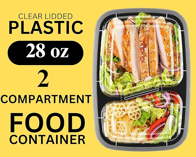 Meal Prep Containers 2‑Compartment 28 oz – 50‑Pack BPA‑Free Plastic Lunch Boxes – Microwave, Dishwasher & Freezer Safe – Airtight, Stackable Food Storage