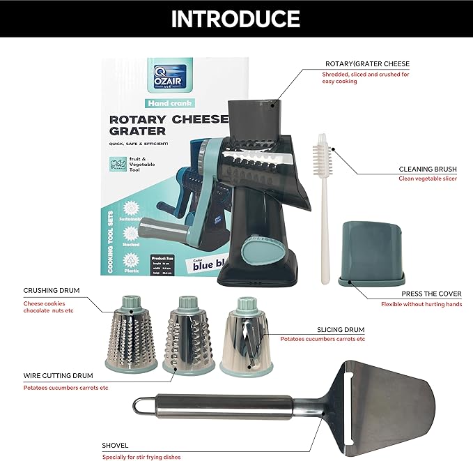 Ultra Rotary Cheese Grater – Manual Hand Crank Cheese grater & Vegetable Chopper 3 Sharp Blades & Reinforced Suction Base - Grater for cheese shredder Nuts, Vegetable - Essential Kitchen Gadgets