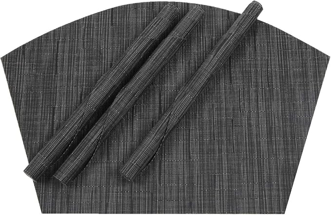 SHACOS Small Round Table Placemats Set of 5 Woven Vinyl Wedge Placemats with Centerpiece Round Table Mats Heat Resistant Wipe Clean (5, Black Gray)