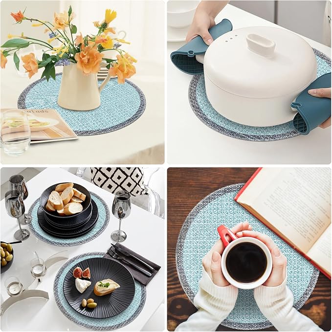 Niviy Blue Grey Ethnic Boho Round Placemats Set of 4, 15 Inch Linen Burlap Washable Durable Art Table Mats for Holiday Party Kitchen Dining Room Decoration