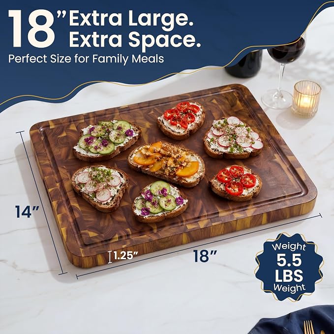 HOMESTEAD End Grain Acacia Wood Cutting Board for Kitchen 18x14x1.25 in, Large Butcher Block Chopping Board for Meat Vegetables with Juice Groove, Sorting Compartments, Handles, Knife-Friendly Surface