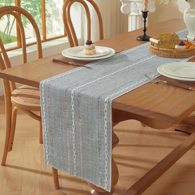 Niviy Boho Cotton Linen Blue Table Runner, Farmhouse Woven Table Runners Spring Summer Holiday Kitchen Dining Table Decoration for Home Party Decor 13 x 72