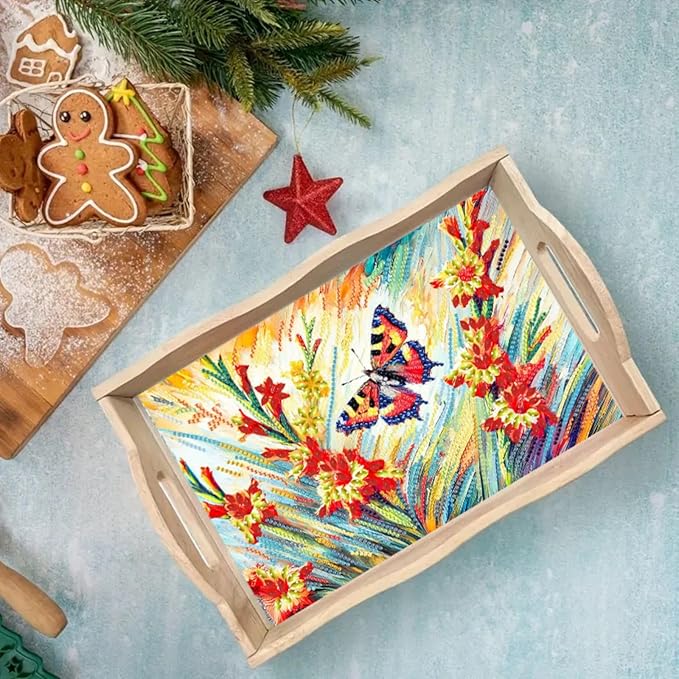 DIY Diamond Serving Tray Rectangular Wooden Breakfast Tray with Handle Handmade Diamond Art Painting Spring Creative Dinner Plate Coffee Room Living Home Organizer-Butterfly