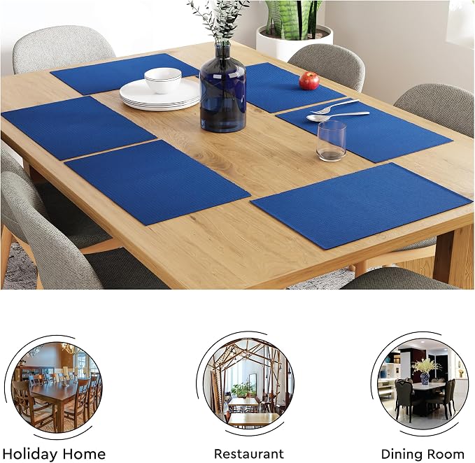 Encasa XO Dining Placemat Set of 6 | Solid Blue Color | Fine Ribbed Cotton Table mat | Size 19x13 in | Machine Washable